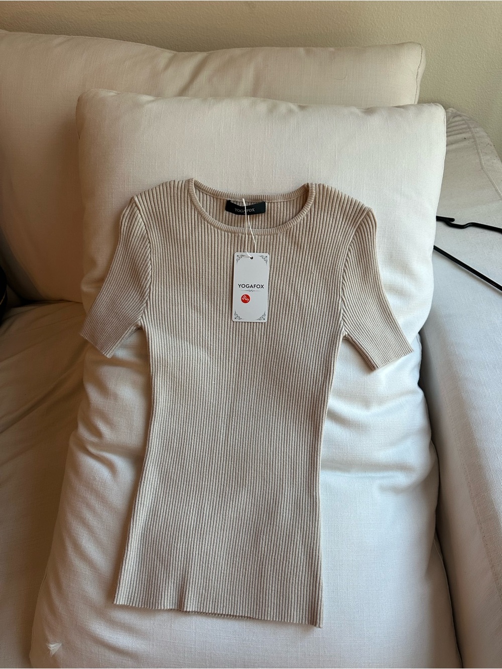 YOGAFOX Ribbed Short Sleeve Knit Top in Beige